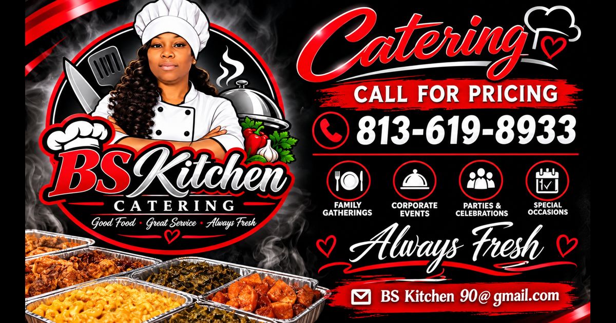 BS Kitchen Catering artwork featuring its chef, red and black logo, and catered food trays